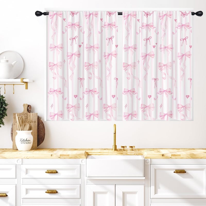 Coxila Pink Bow Kitchen Window Curtains 27.5 x 36 Inch Small Short Mini Cafe Rod Pocket Cute Girly Girls Kawaii Princess Pretty Living Bedroom Room Home Treatment Set of 2 Curtain Panels Drapes Tiers - Image 1